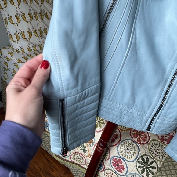 Boden sky light blue leather moto jacket coat US 2 - Picture 4 of 9